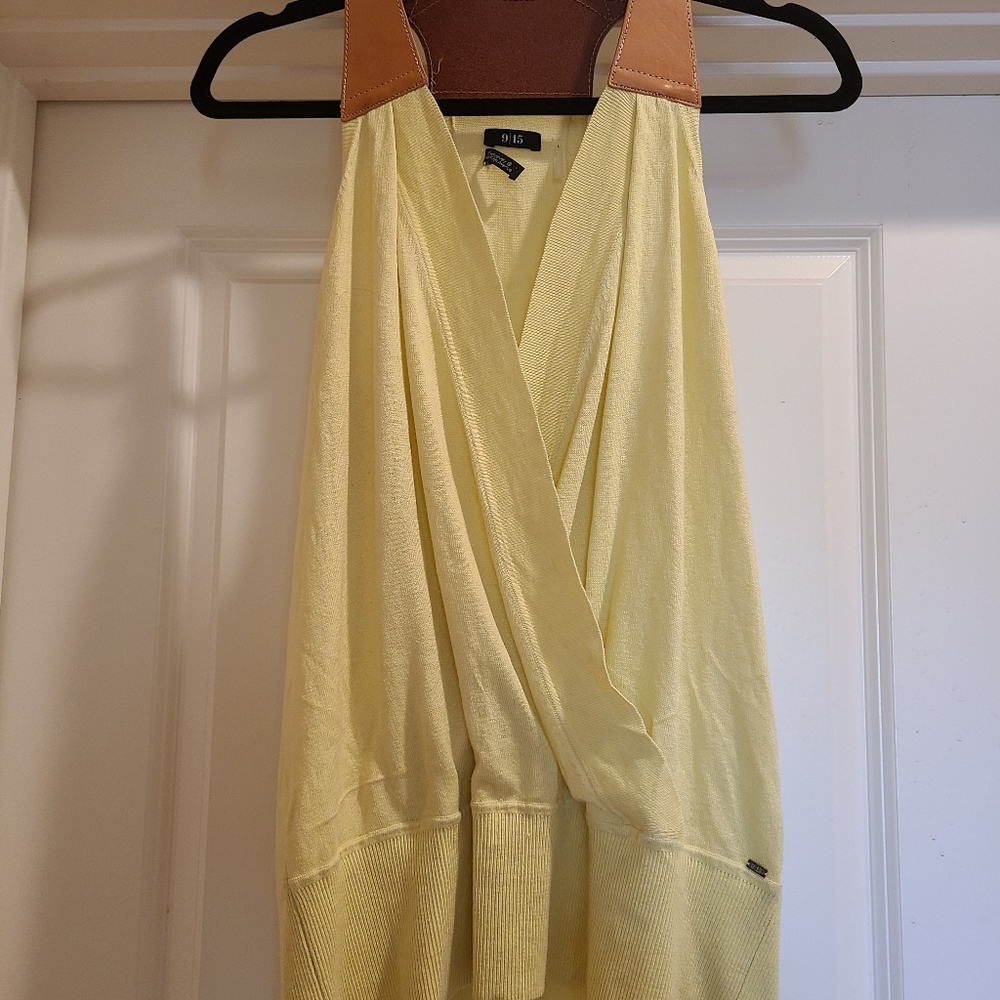 Saks Fifth Avenue 9|15 Yellow Silk and Brown Leather Racerback Faux Wrap Blouse - Picture 8 of 12